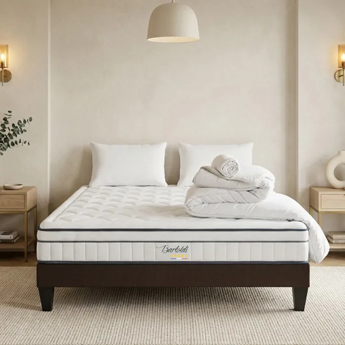 Pack Bartoldi 140x200 cm Matelas Ressorts + Sommier Bois + Accessoires