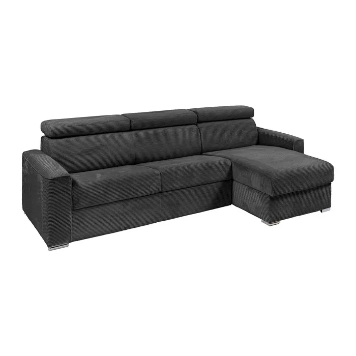 Canapé d'angle réversible convertible express en velours côtelé gris anthracite - Couchage à lattes larges 140 cm - Matelas 18 cm