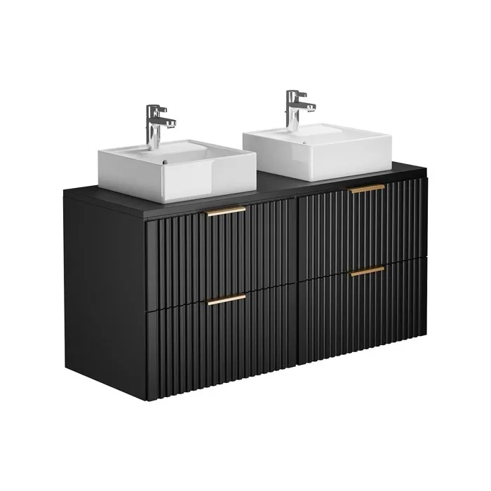 Meuble de salle de bain suspendu strié avec double vasque à poser carrée - Noir - L120 cm - ZEVARA