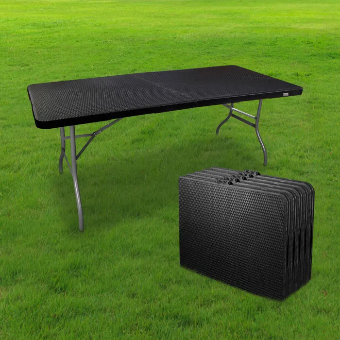 Lot de 5 Tables Pliantes 180x74 cm Noire Effet Rotin