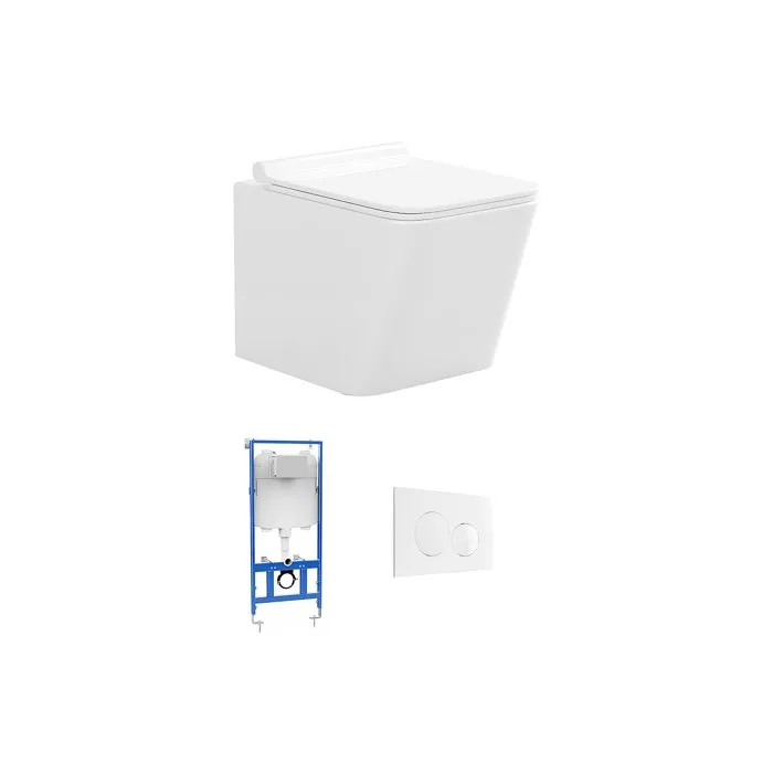 Pack WC suspendu blanc avec bâti-support et plaque de déclenchement blanche ronde - CLEMONA
