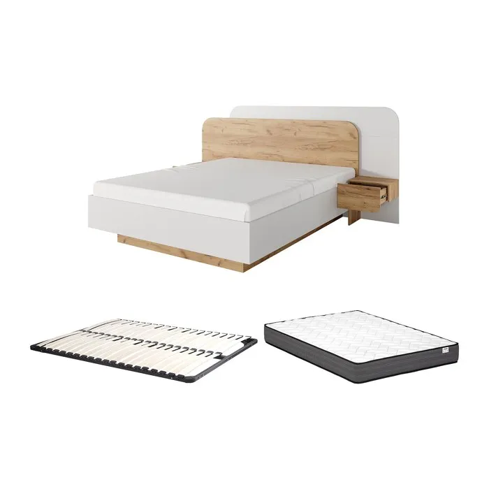 Lit avec chevets 160 x 200 cm - Avec LEDs - Coloris: Naturel et blanc + Sommier + Matelas - DESADO