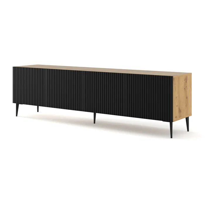 Meuble Tv Ravenna Avec 4 Portes En Bois Et Pieds Noirs - Noir Et Beige - L 200 X P 42 X H 56 Cm