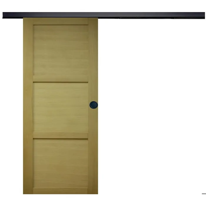 Porte Coulissante Bois Ayous 3 Panneaux H204 X L93 Cm, Rail Alu Bandeau Noir, Coquilles Noir Gd Menuiseries