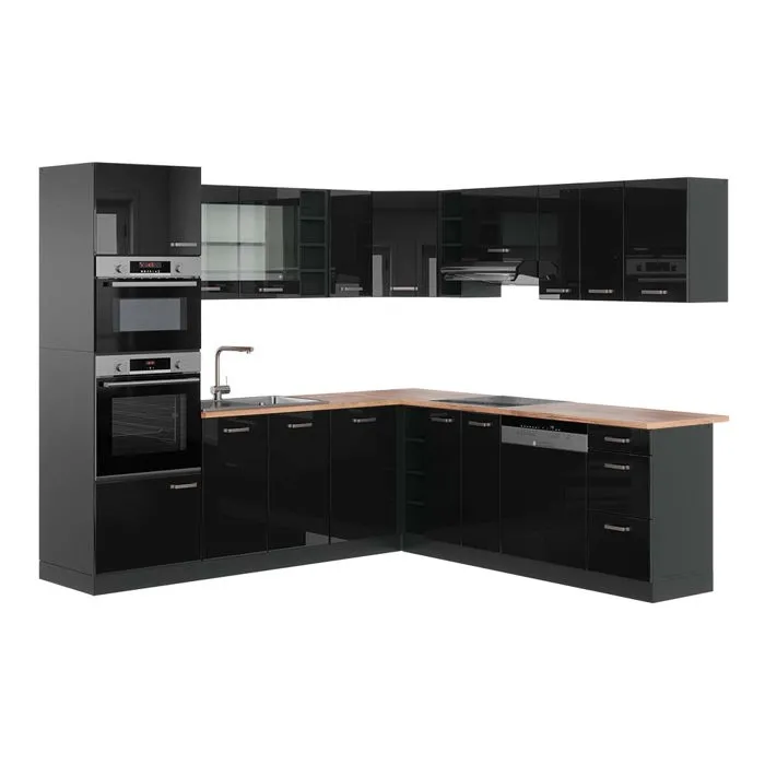 Vicco Cuisine en angle Noir Haute brillance/Anthracite 247 x 237 cm, PT Chêne