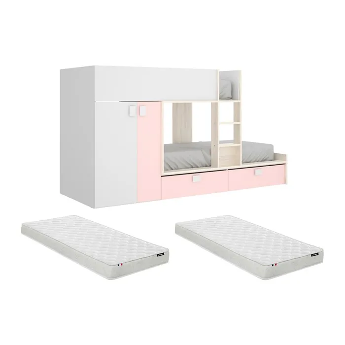 Lits Superposés 2 x 90 x 190 cm - Armoire intégrée - Blanc, naturel et rose + matelas - JUANITO