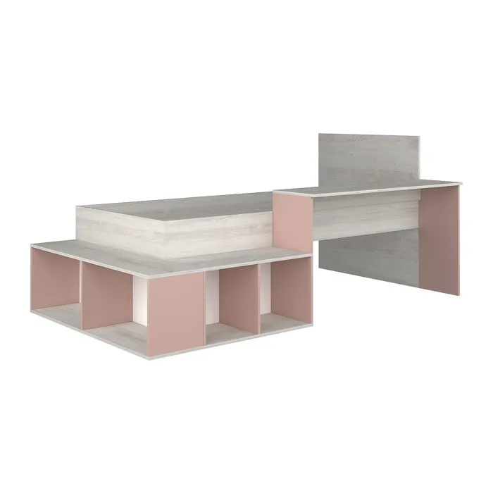 Lit combiné 90 x 200 cm avec rangements et bureau - Coloris: Naturel et Rose - RIGALI
