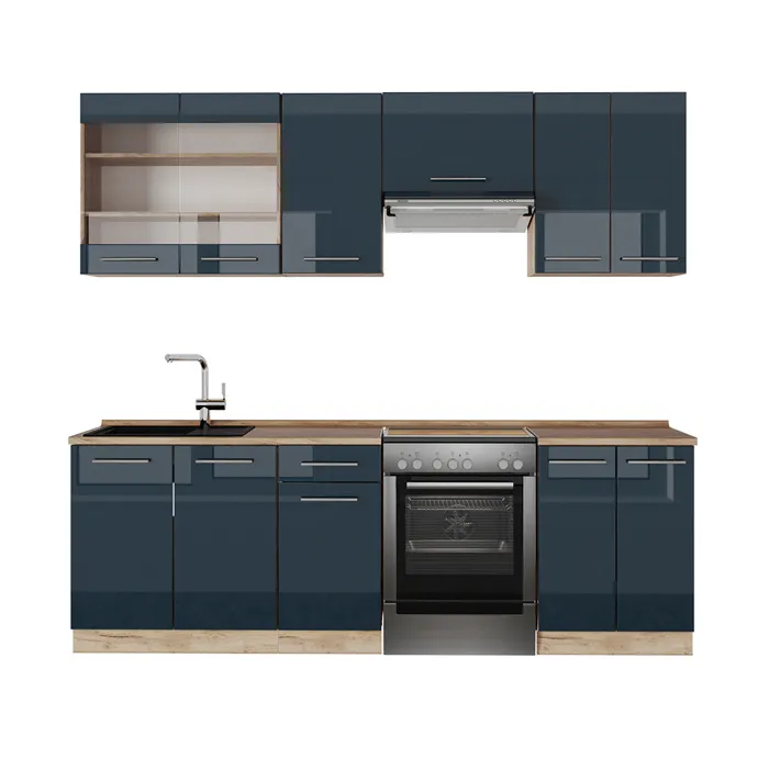 Vicco Kitchenette bleu foncé brillant/chêne doré 240cm sans PT