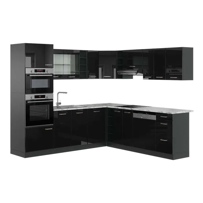 Vicco Cuisine en angle Noir Haute brillance/Anthracite 247 x 237 cm, PT Marbre