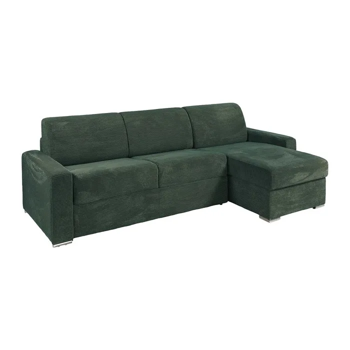 Canapé d'angle réversible convertible express en velours côtelé vert - Couchage lattes larges 160 cm - Matelas 14 cm - CALITO