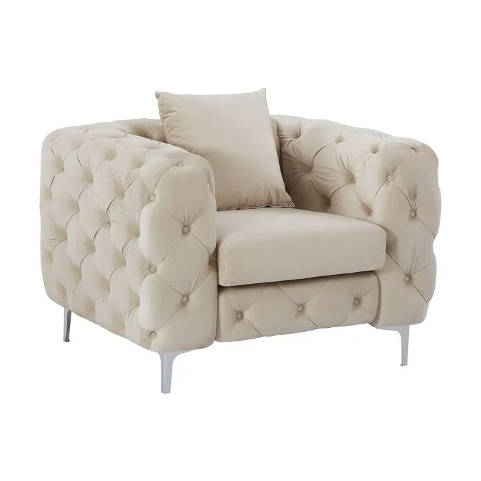 Fauteuil chesterfield en velours beige EDWINA
