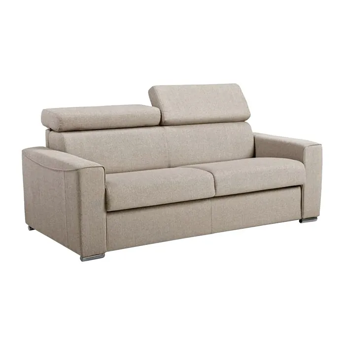 Canapé 3 places convertible express en tissu beige - Couchage à lattes larges 140 cm - Matelas 14 cm VIZIR