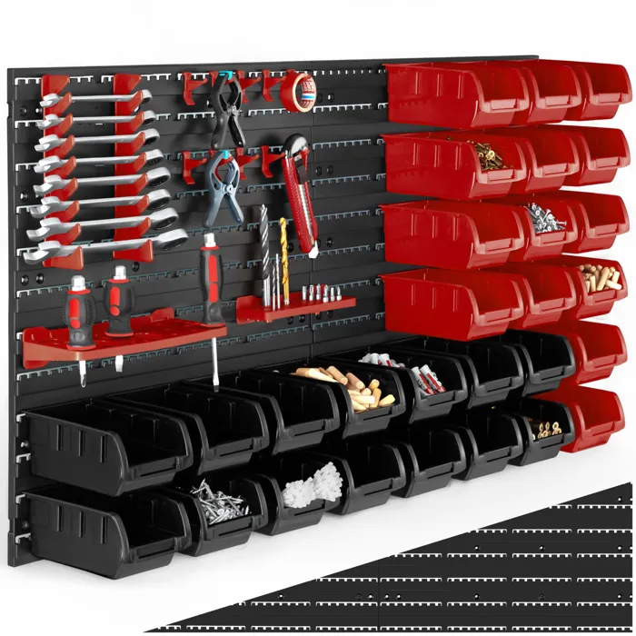 Magazine de petites pièces avec 28 boîtes empilables et supports d'outils 44 pièces avec 2 plaques murales