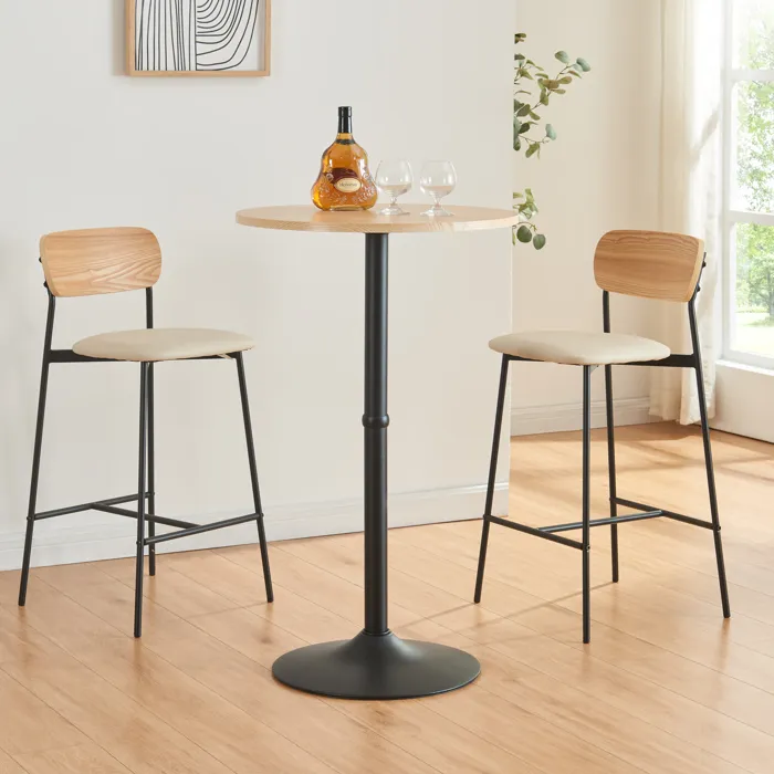 Table haute ronde Vantaa acier MDF 100 x 60 cm noir effet chêne en.casa