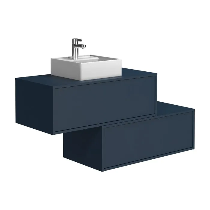 Meuble de salle de bain suspendu bleu nuit avec simple vasque carrée et deux tiroirs - 94 cm - TEANA II