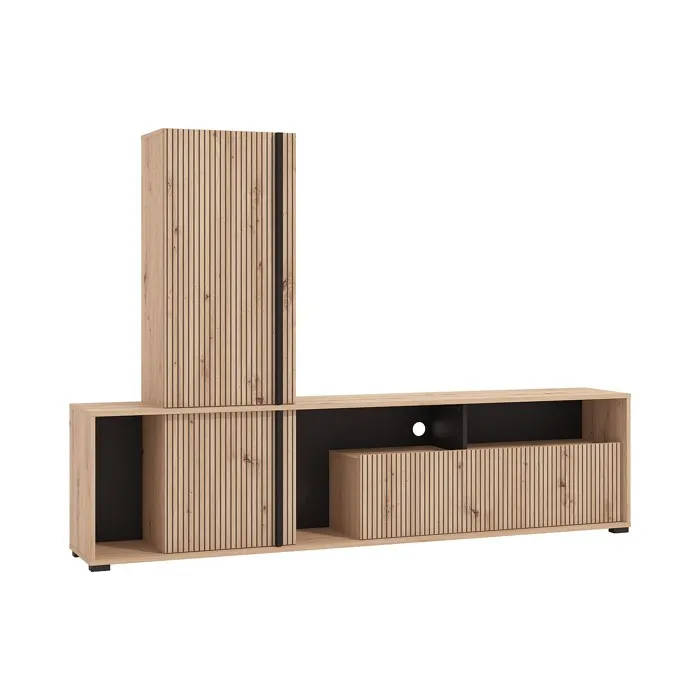Mur TV avec 3 portes et 3 niches - Naturel clair et noir - BELUTZY