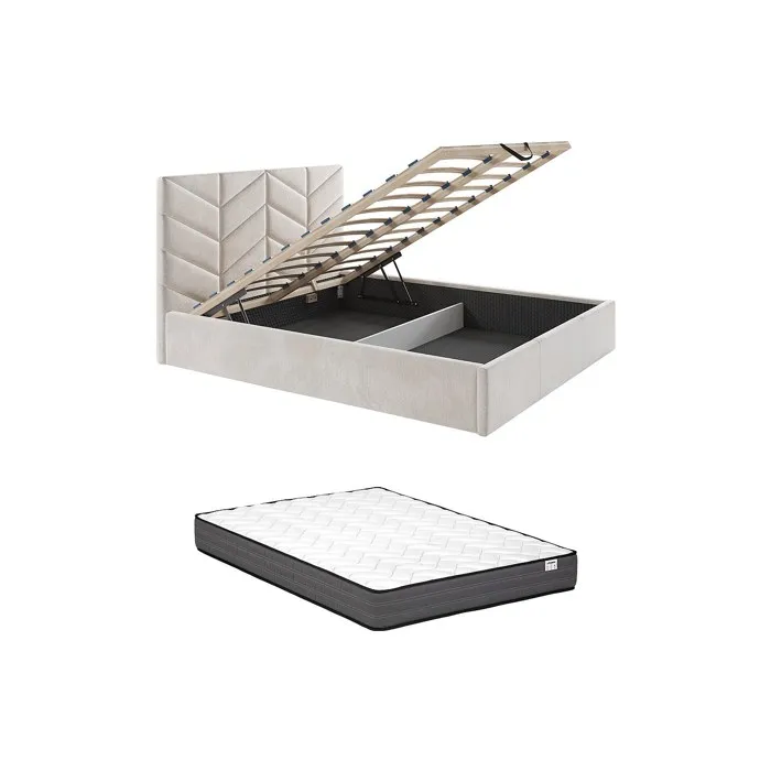 Lit coffre 200 x 200 cm - Tissu texturé - Crème + Matelas Confort - JUSTANI