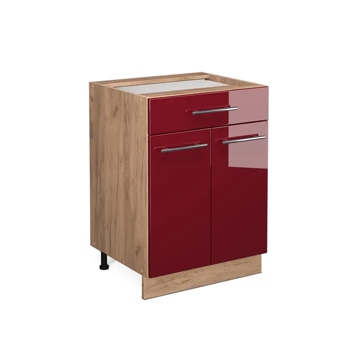 Vicco Meuble cuisine Rouge bordeaux Haute brillance 60cm avec tiroir, sans PT
