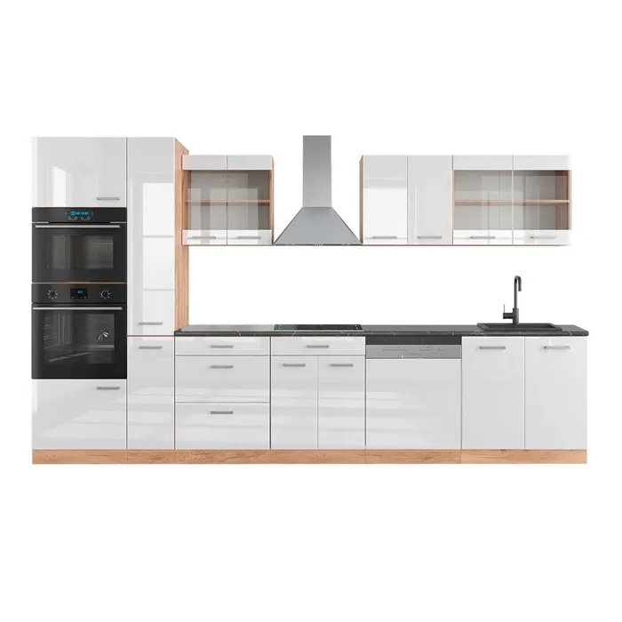 Vicco Cuisine Blanc brillant/Chêne doré 350cm avec armoire haute, PT Anthracite