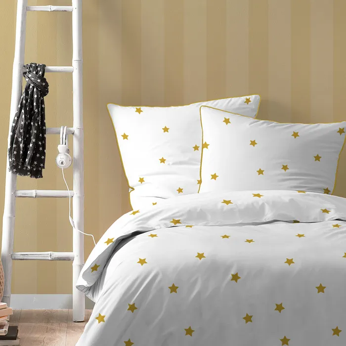 Parure De Lit Imprimée 100% Coton, Nuit Etoilée Blanc, Cannelle