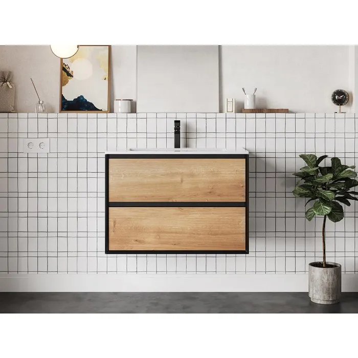 Meuble de salle de bain suspendu avec vasque à encastrer - Coloris naturel clair et noir - 80 cm - LANNICK