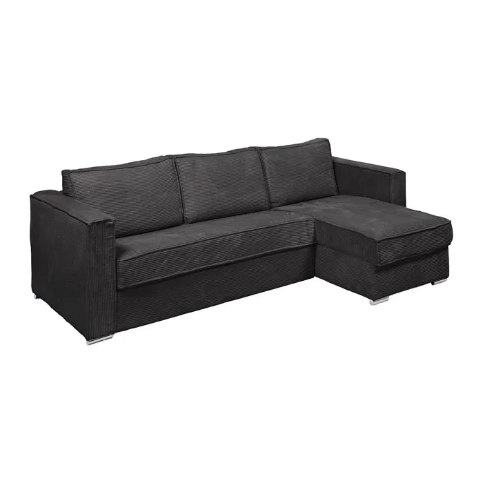 Canapé d'angle convertible express et réversible en velours côtelé gris anthracite - Couchage à lattes larges 140 cm - Matelas 22