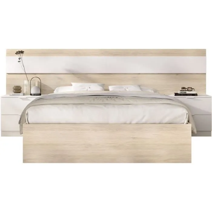 Ensemble Structure De Lit + Tete De Lit Et 2 Tables De Nuit - Niza - 160 X 200 Cm - Chene Naturel / Blanc