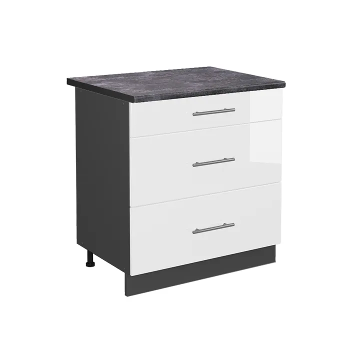 Vicco Meuble cuisine Blanc Haute brillance/Anthracite 80cm avec 3 tiroirs plan de travail Anthracite
