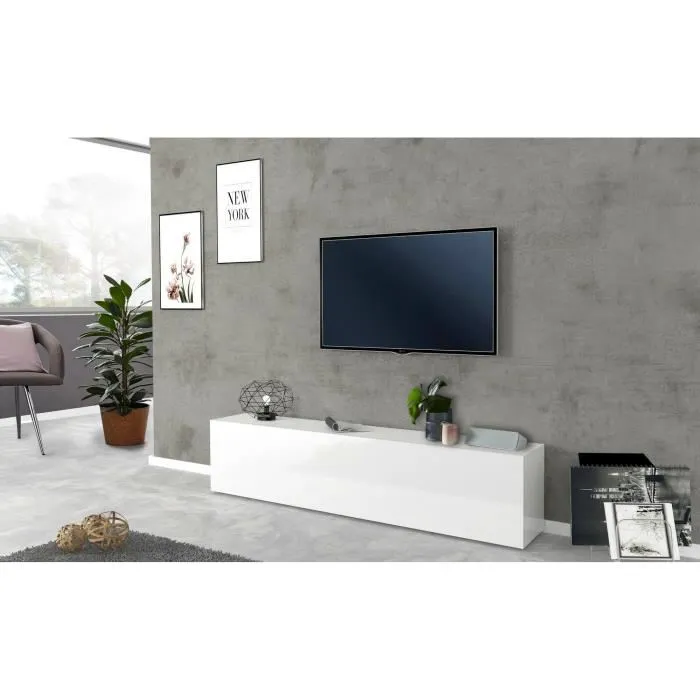 Meuble Tv Effet Bois Blanc Brillant 180x30cm