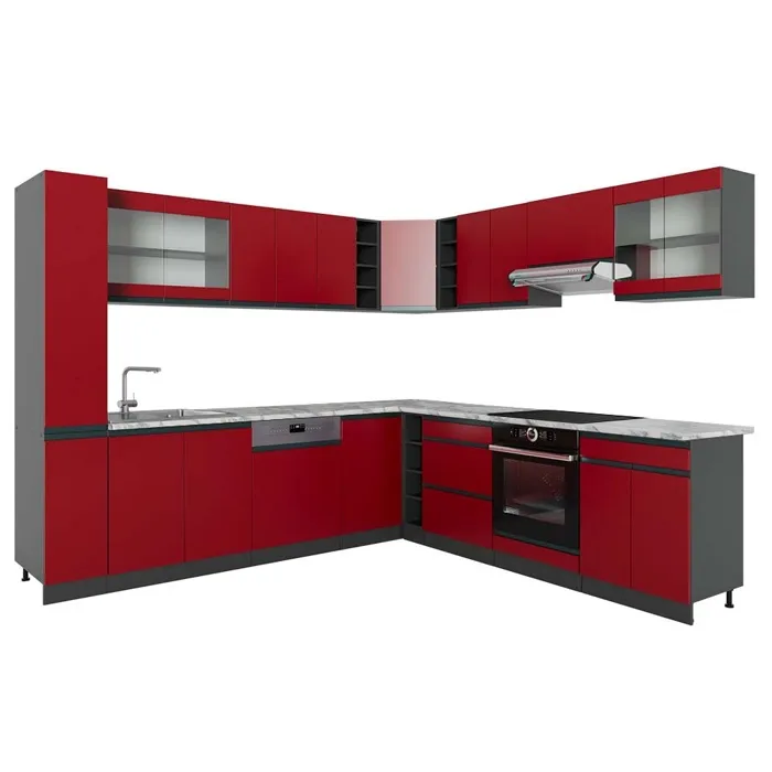 Vicco Cuisine en angle Rouge/Anthracite 277 x 257 cm J-Shape, PT Marbre