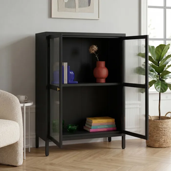 Buffet Säkylä acier verre strié 84 x 64 x 35 cm noir en.casa