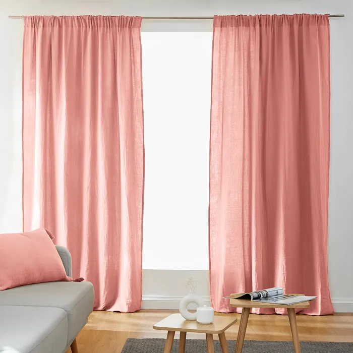 Lot de 2 Rideaux Galon Fronceur double Gaze de coton Rose Pêche 140 x 240 cm