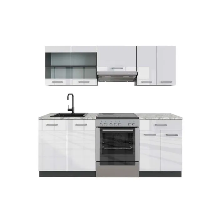 Vicco Cuisine Blanc brillant/Anthracite 200cm, PT Marbre