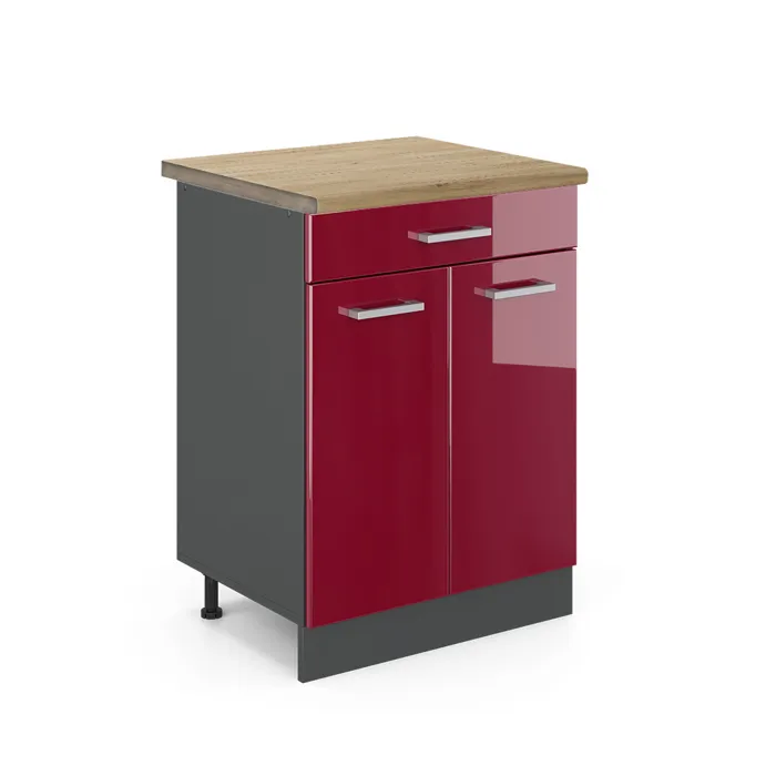 Vicco Meuble cuisine Rouge brillant 60cm, PT Chêne