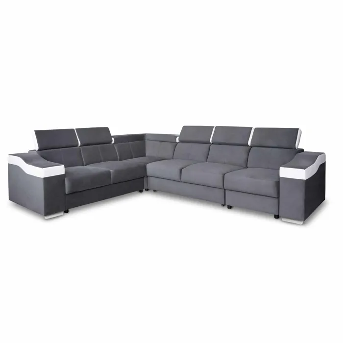 Lucky - Canapé D'angle Convertible Réversible En Tissu Velours Gris Et Simili Cuir Blanc