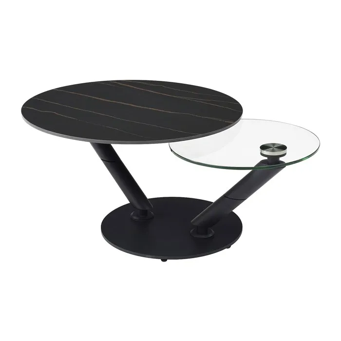Table basse avec plateaux pivotants en céramique, verre trempé et métal - Effet marbre noir - ELDOVA