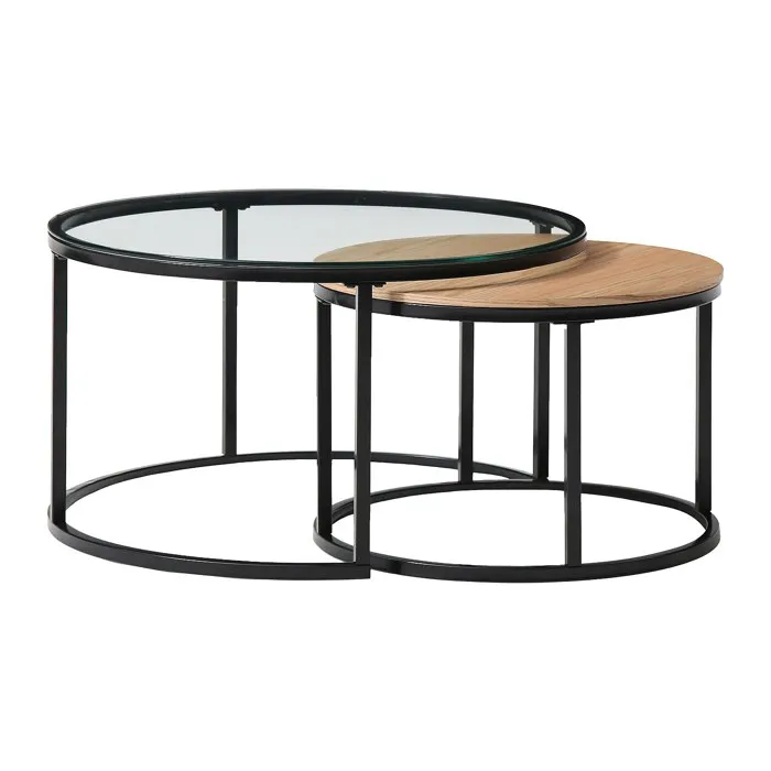 Tables basses gigognes placage chêne, verre trempé et métal noir - Transparent et Naturel - REMINA