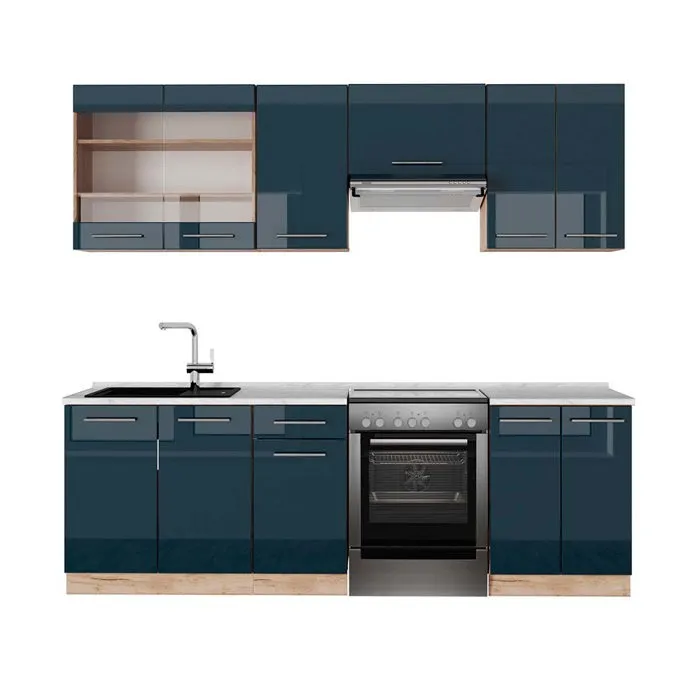 Vicco Cuisine bleu foncé brillant/chêne doré 240cm, PT Marbre