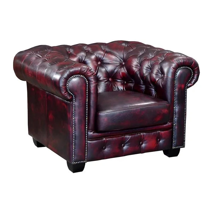 Fauteuil chesterfield BRENTON 100% cuir de buffle - Bordeaux