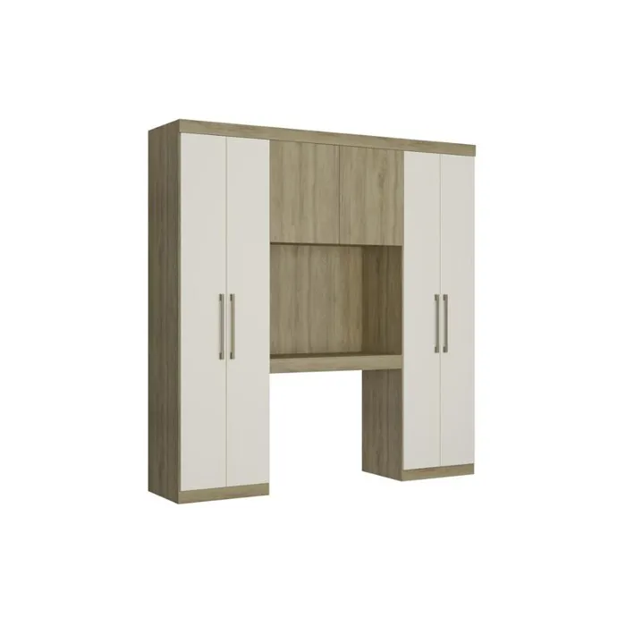 Pont de lit ANTERO II - 6 portes - Avec armoires et rangements - L.200 cm - Chêne et Ivoire