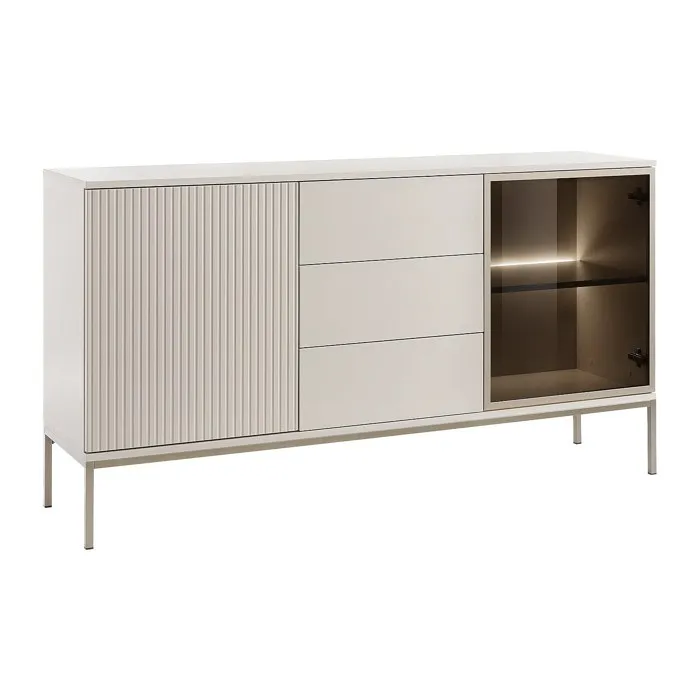 Buffet 2 portes et 3 tiroirs avec LEDs en MDF et verre fumé - Beige et noir - OVILA