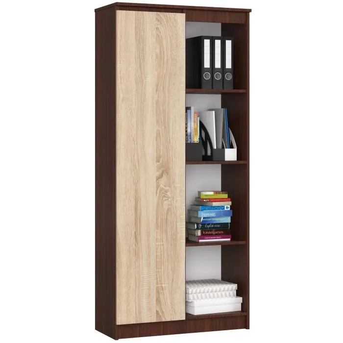 Bibliothèque De Bureau Akord R80 Wengé 80 Cm 1 Porte Façade Chêne Sonoma 8 Étagères 80x35x180 Cm