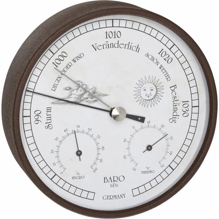 TFA Dostmann 20.2027.08 Station météo analogique métal et verre, baromètre, thermomètre, hygromètre