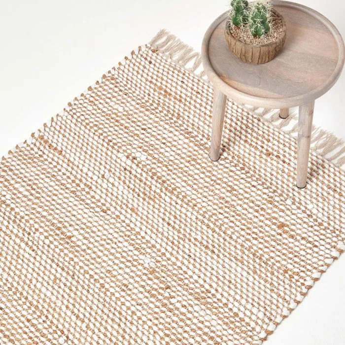 Tapis Chindi En Chanvre À Motif Chevron Naturel Et Blanc Horizon 120x170cm - Homescapes