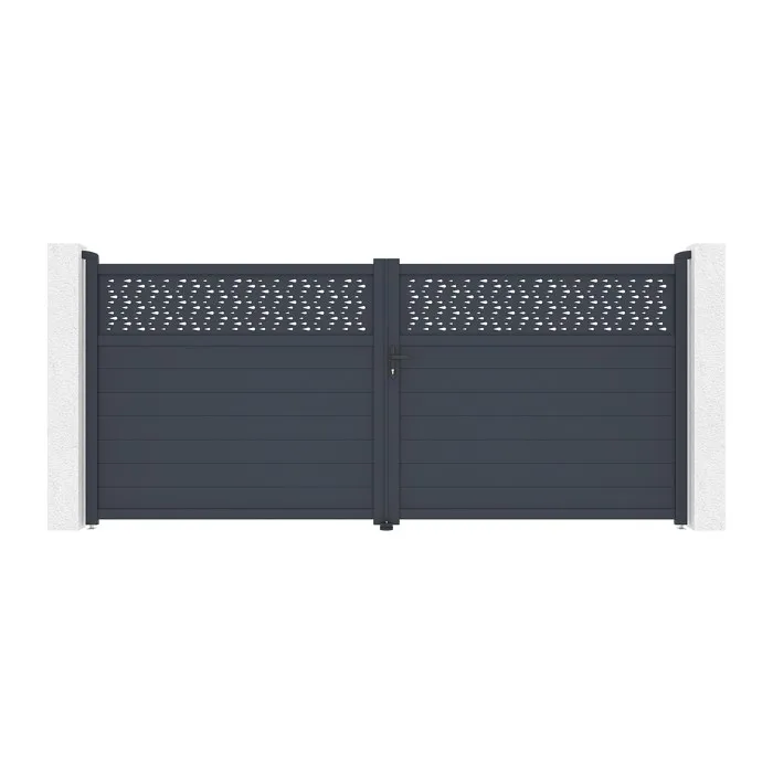 Portail battant aluminium semi plein à motifs L397 x H180 cm anthracite - BAZIO