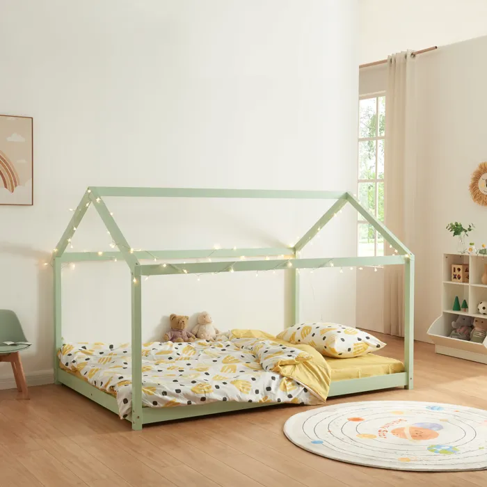 Lit cabane pour enfant Cerro bois de pin contreplaqué 140 x 200 cm vert menthe en.casa