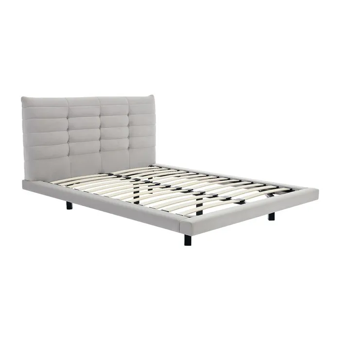 Lit 180 x 200 cm avec tête de lit capitonnée - Velours - Gris - NISATIO