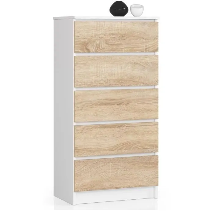 Commode Akord K60 Blanche 60 Cm 5 Tiroirs Façade Chêne Sonoma 60x40x121 Cm