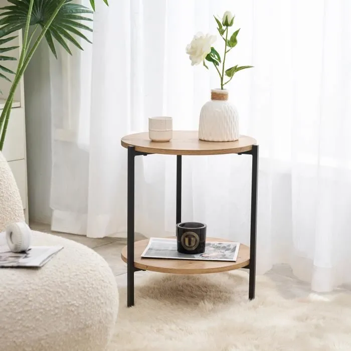 Table d'appoint Kuopio ronde 50 x 40 cm noir et effet bois en.casa