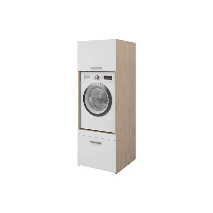Meuble Pour Machine À Laver Avec 1 Tablette, 1 Tiroir Et 1 Placard - Naturel Clair Et Blanc - L64 X H184 - Erkano